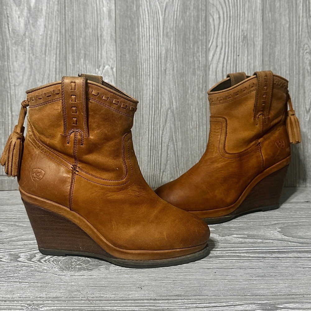 Ariat Pull On Leather Wedge Ankle Boots Tassel Western 10021667 Tan Womens 6B